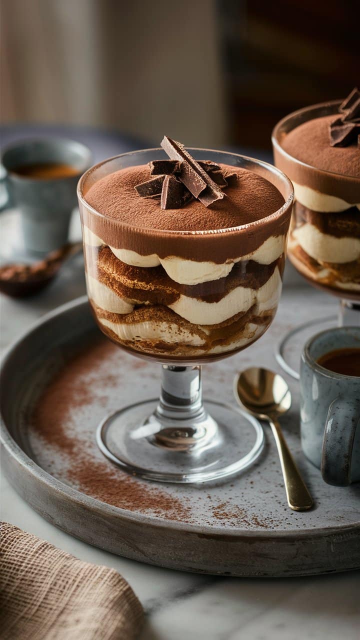 Dessert tiramisu au chocolat en verrine gourmande.