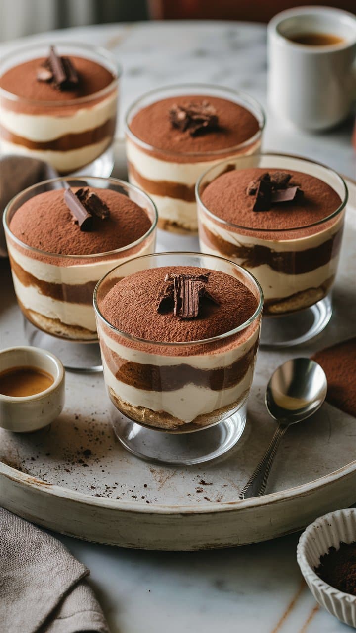 Desserts tiramisu avec cacao et café.