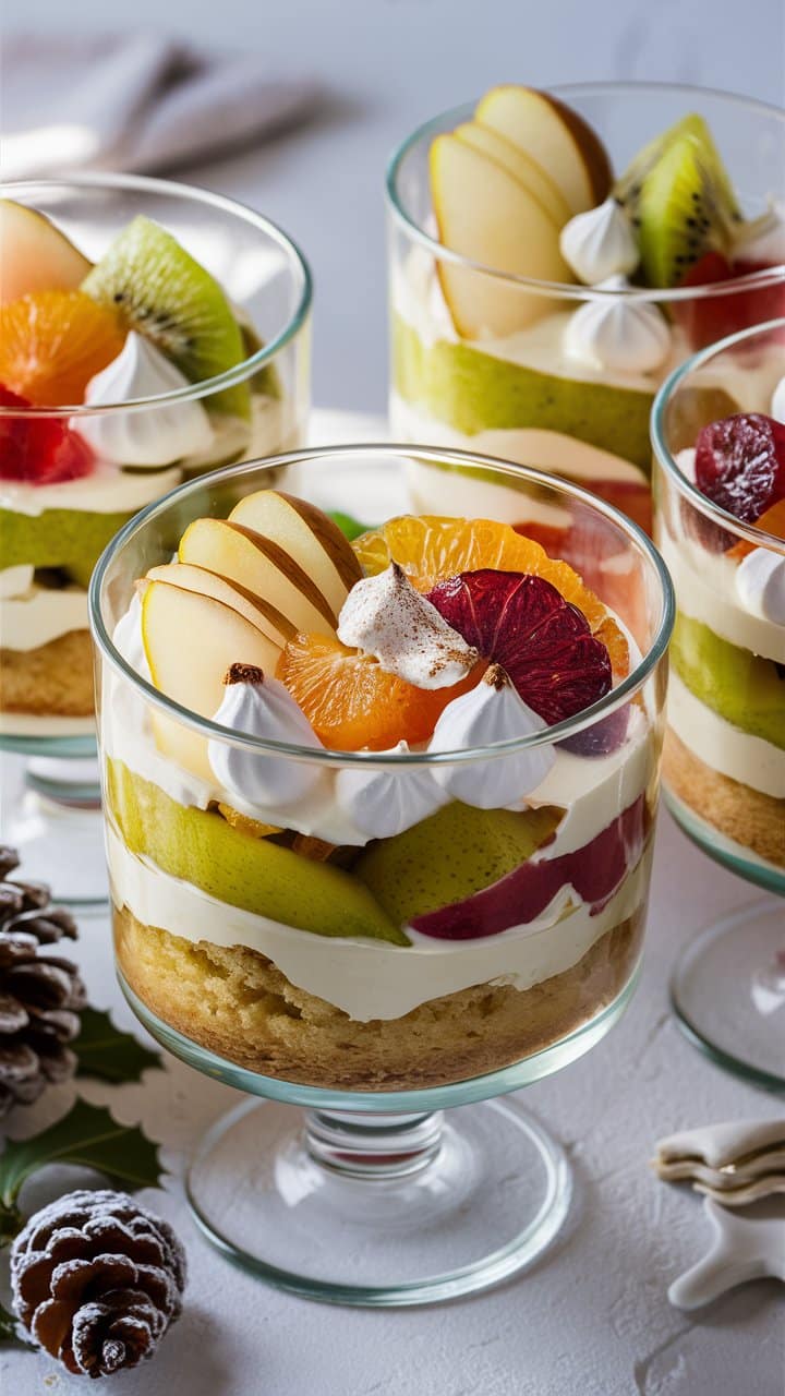Coupes dessert avec fruits frais et crème.
