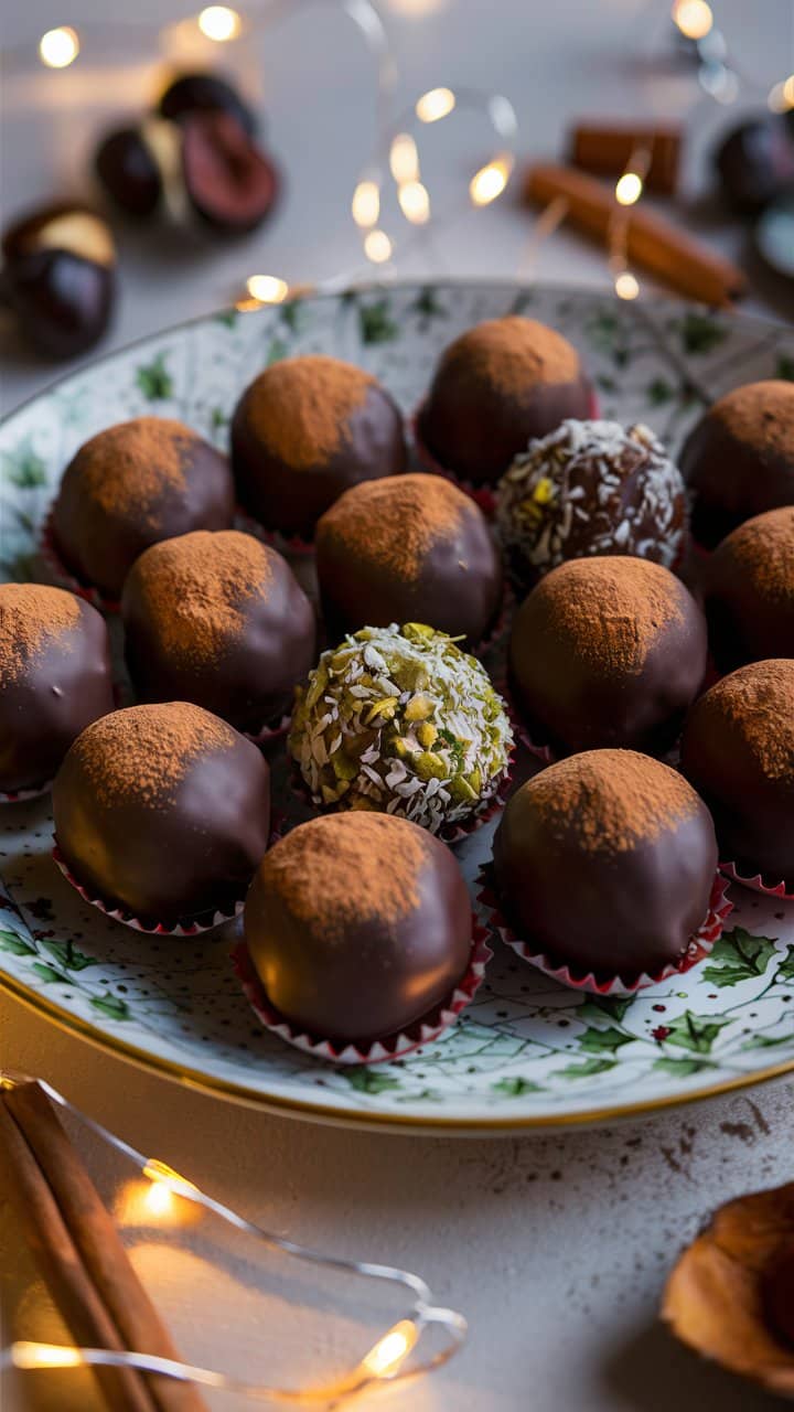 Assortiment de truffes au chocolat sur assiette décorative.