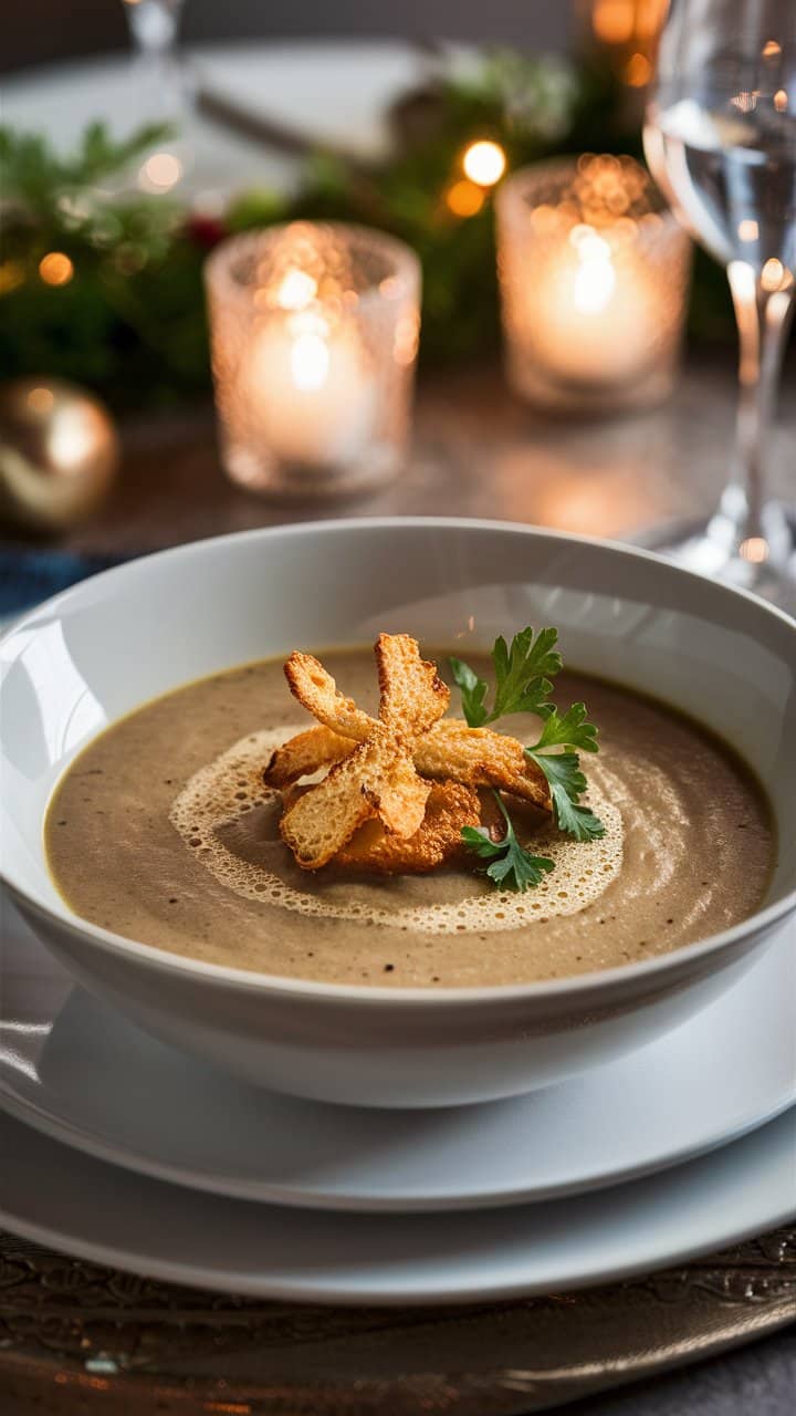 Soupe crémeuse garnie de croûtons dorés et persil.