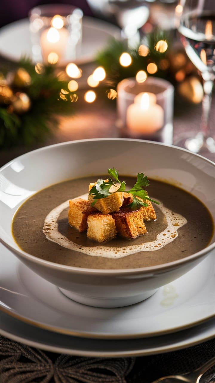 Soupe aux croûtons et persil décorée.