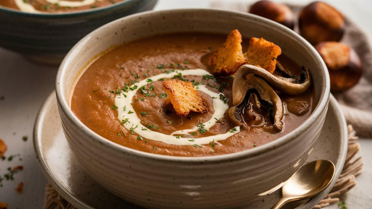 Soupe de champignons avec croûtons et crème.