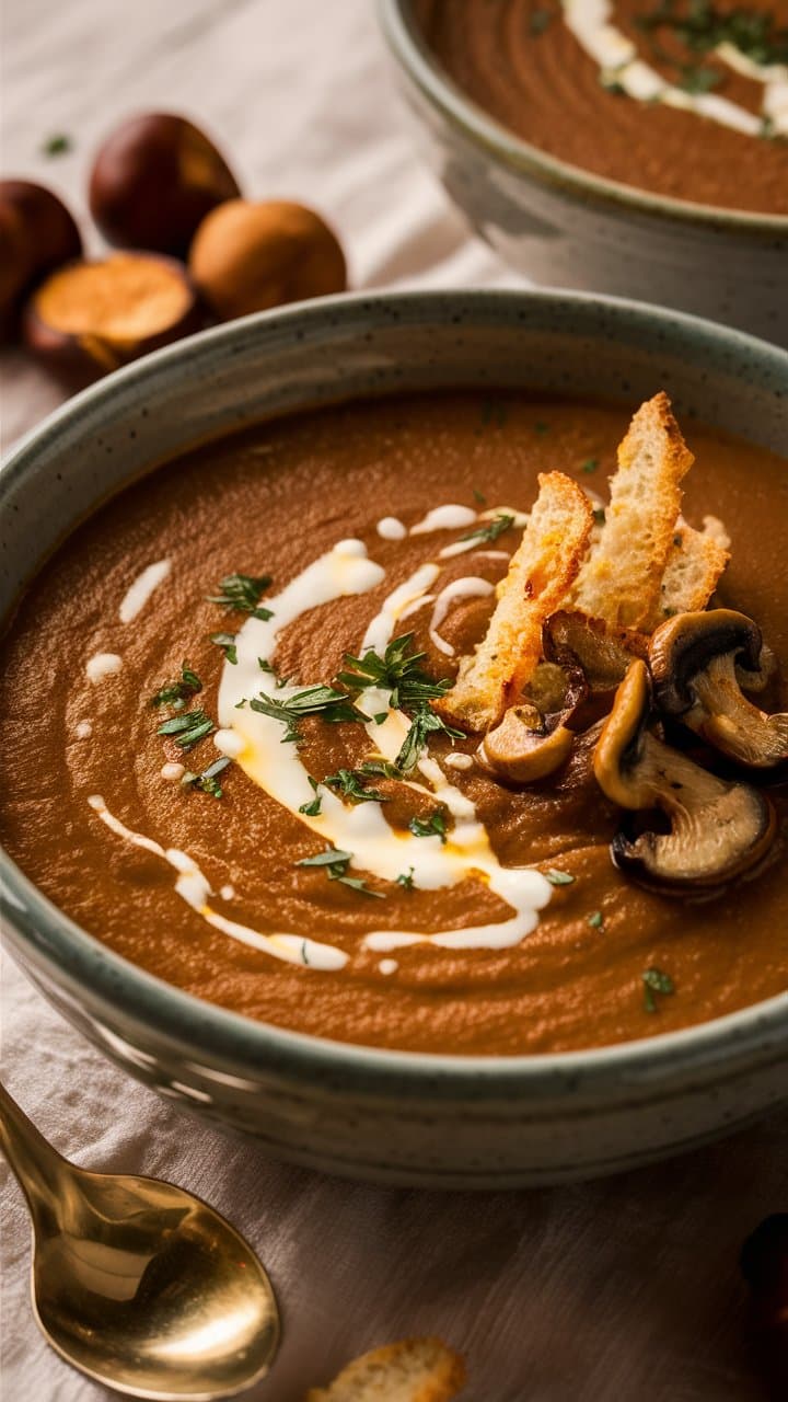 Bol de soupe aux champignons et croûtons.