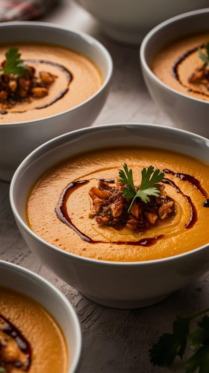 Soupe à l'orange avec noix et herbes fraîches.