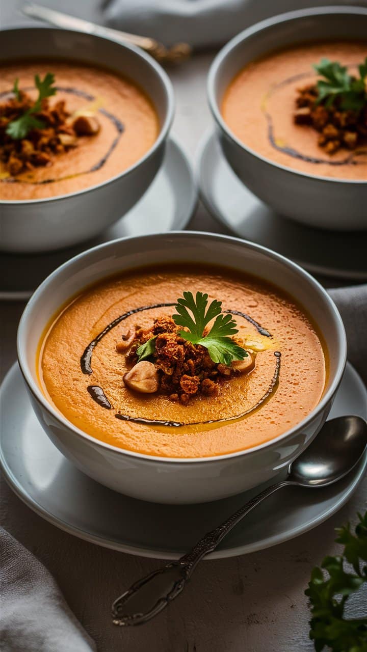 Soupe de potimarron garnie de noisettes.