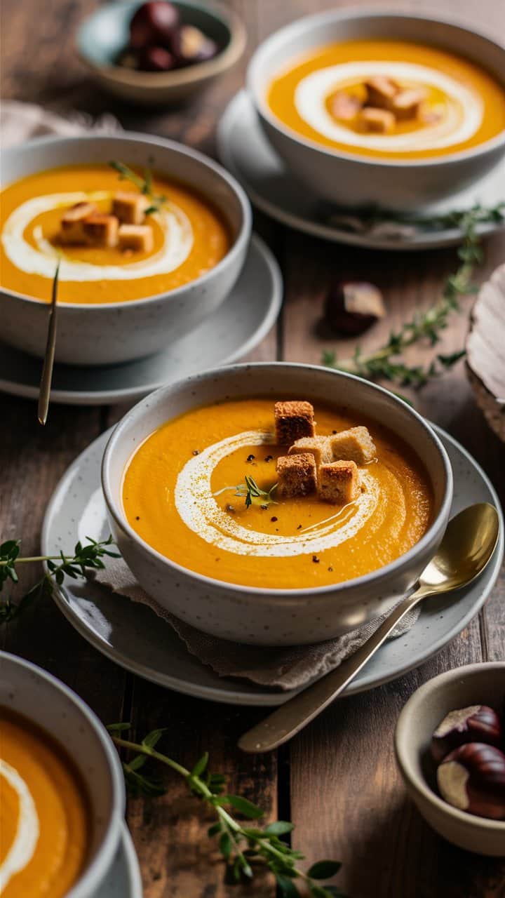 Soupe de potiron avec croûtons et crème.