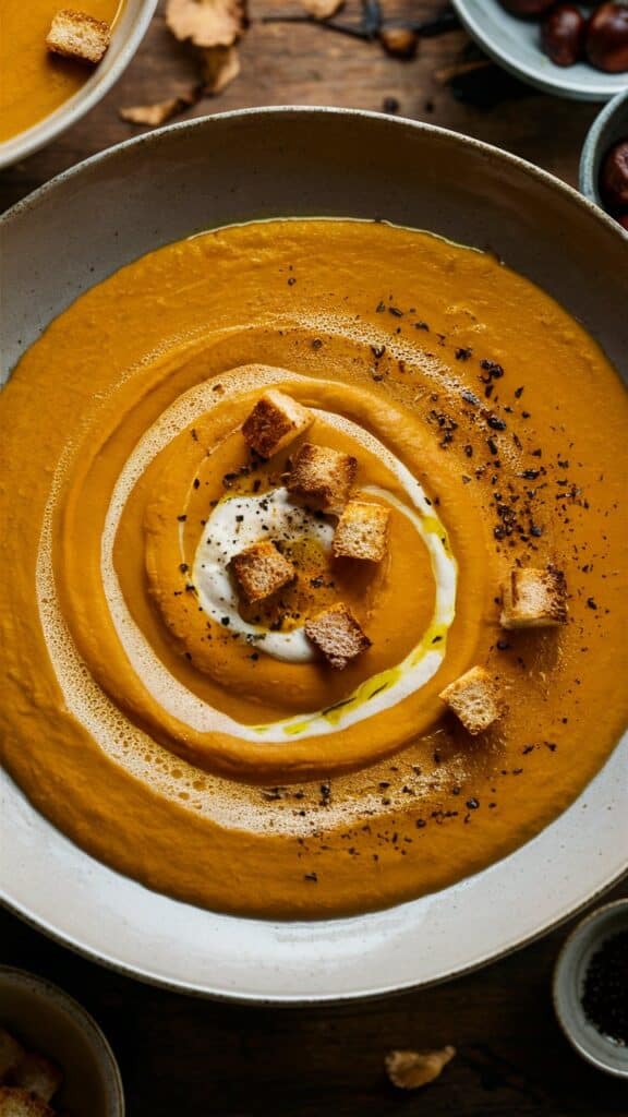 Velouté de potiron avec croûtons et crème blanche.