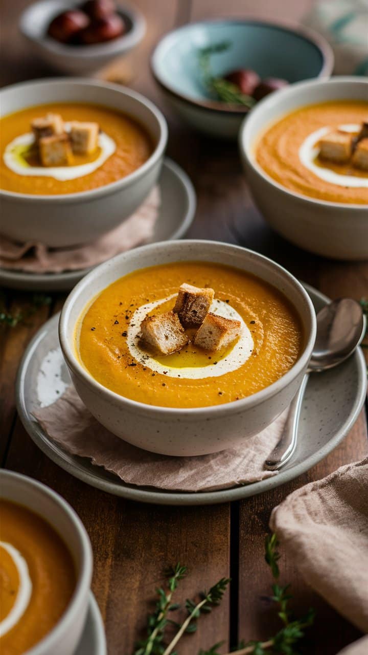 Soupe automnale avec croûtons et crème.