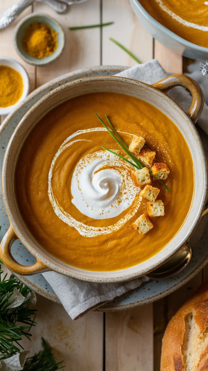 Bol de soupe à la citrouille avec croûtons.
