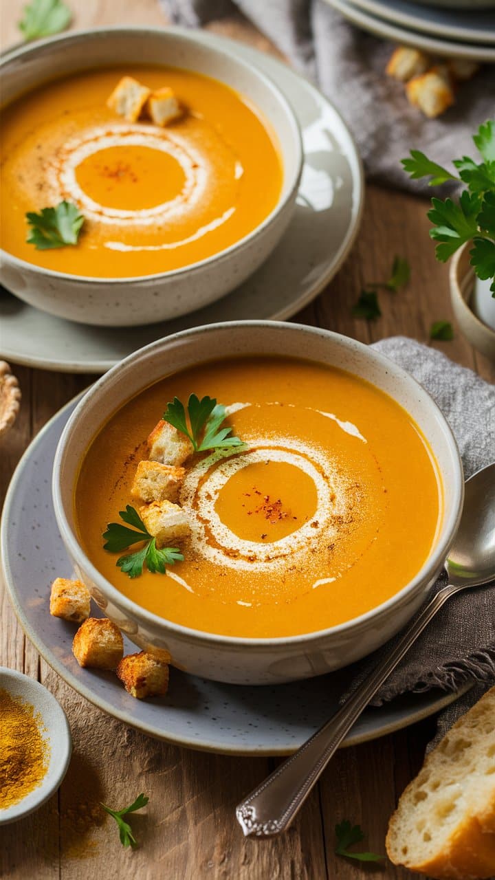 Soupe de potiron avec croûtons et persil.