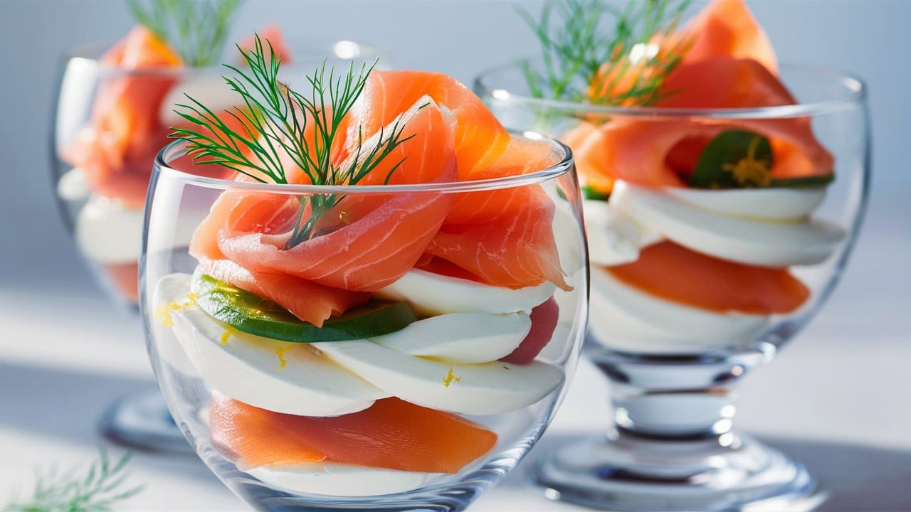 Verrine de saumon fumé et crème, aneth décoratif.