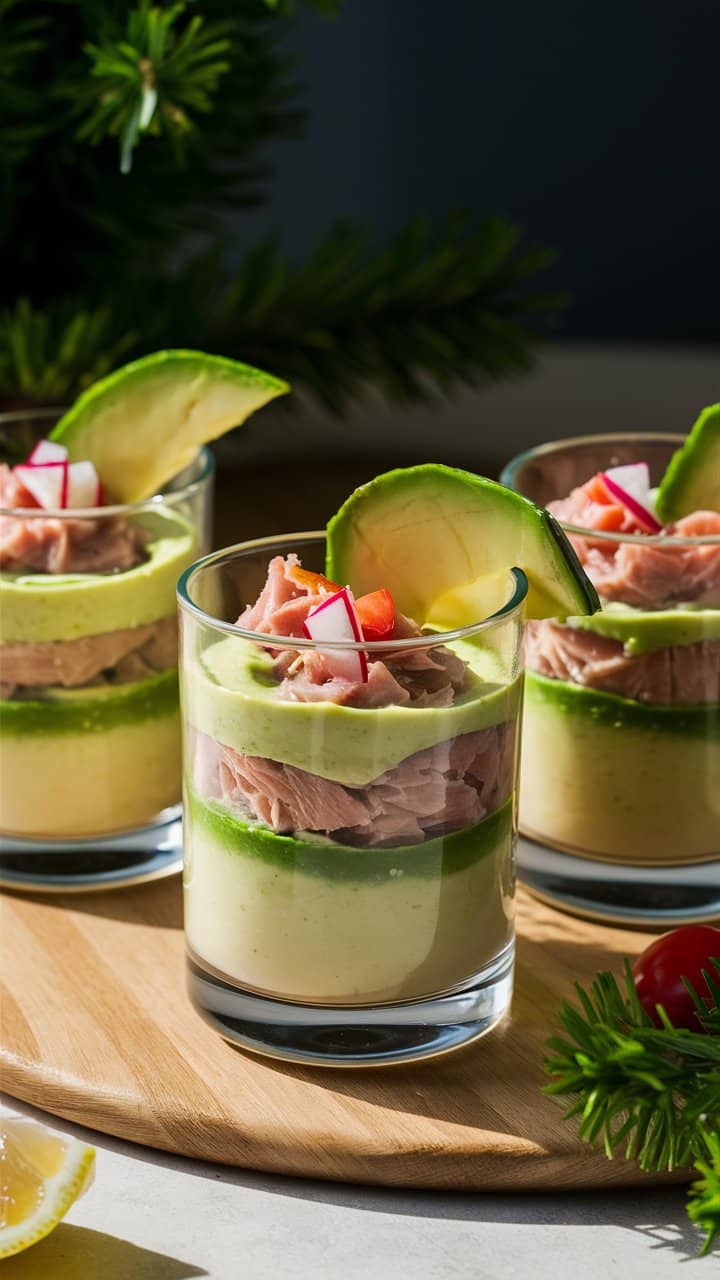 Verrines avocat et saumon sur planche en bois.