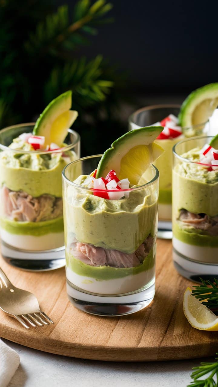 Verrines d'avocat, radis et thon sur assiette.
