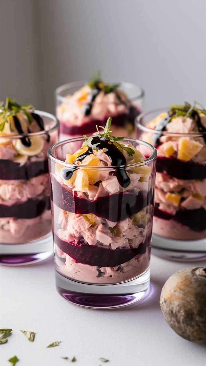 Verrines de mousse de betterave et fromage frais.