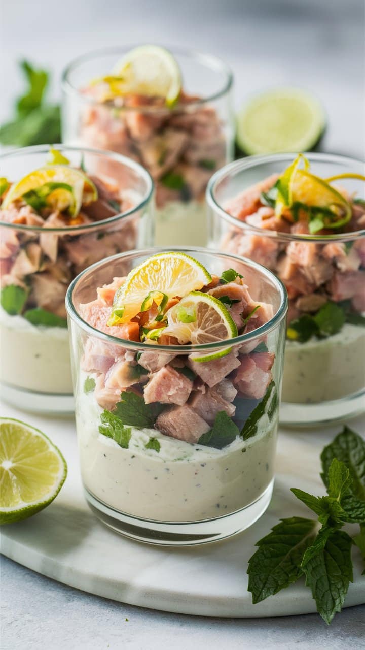 Verrines de saumon, crème et citron vert.