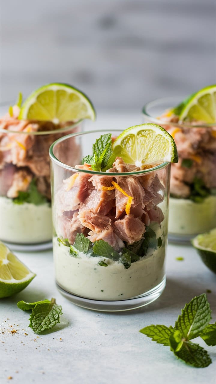 Verrine saumon, avocat, citron, menthe fraîche.