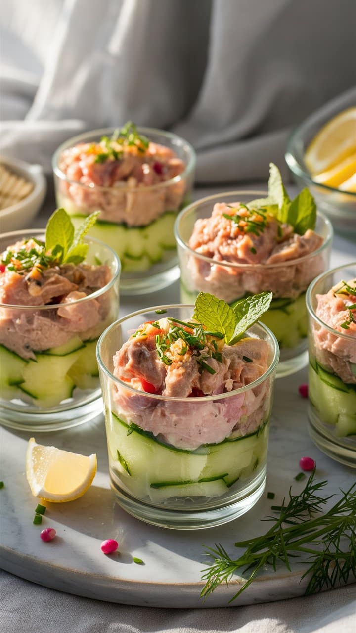 Verrines de saumon frais et concombres.