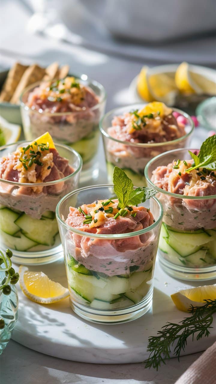 Verrines de tartare de saumon et courgettes.