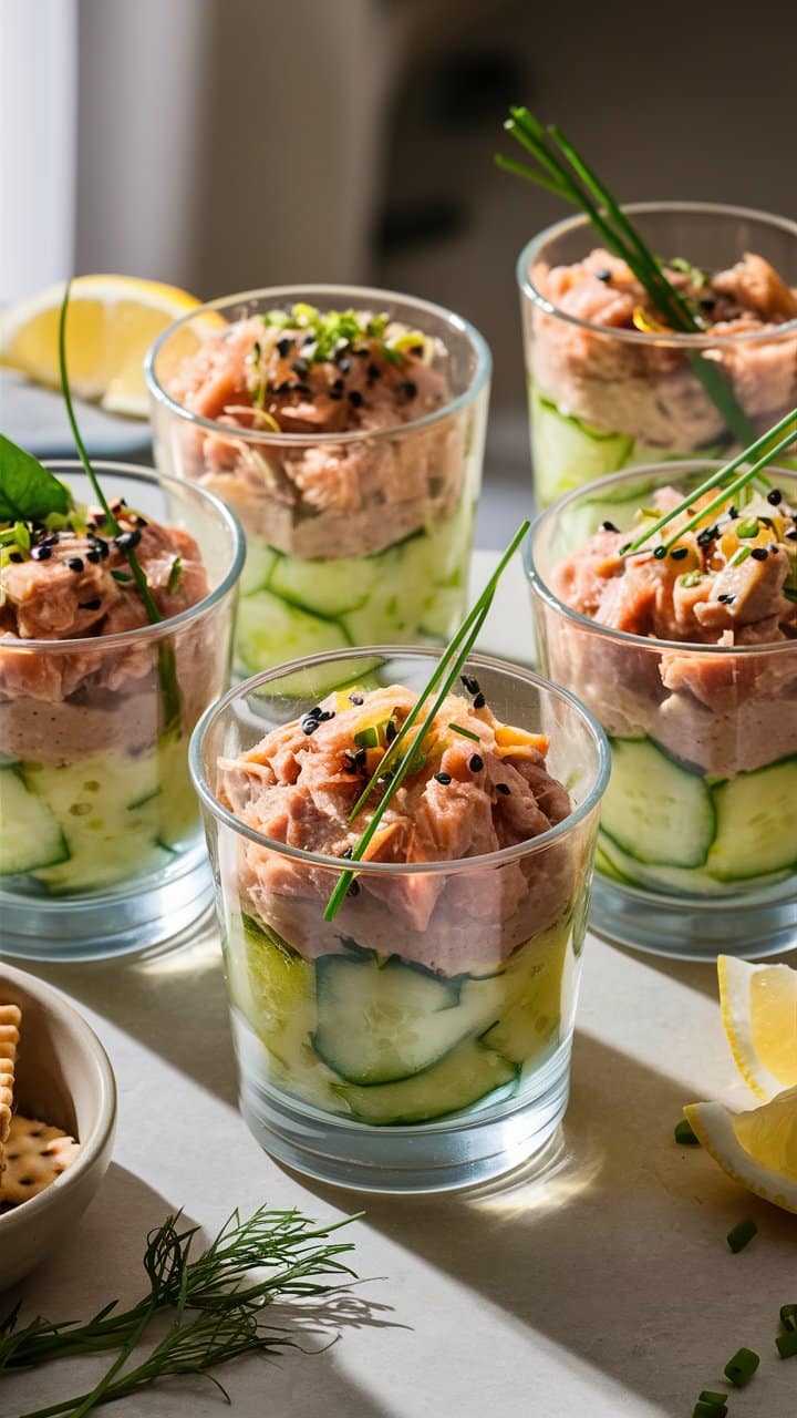 Verrines de saumon et concombre frais.