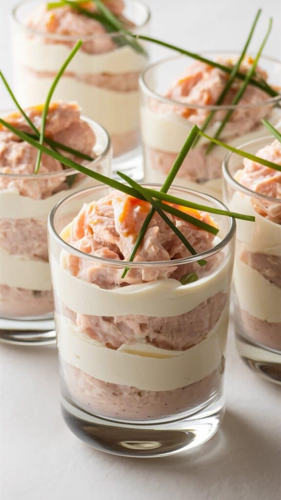 Verrines de saumon et mascarpone décorées de ciboulette.