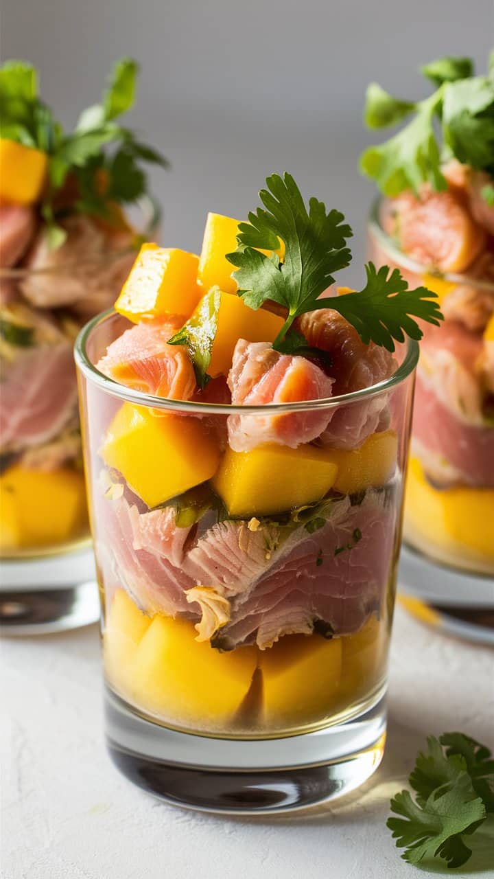 Verrines de poisson cru et mangue, garnies coriandre.