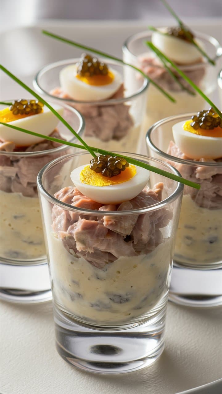 Verrines œuf, thon, caviar, ciboulette.