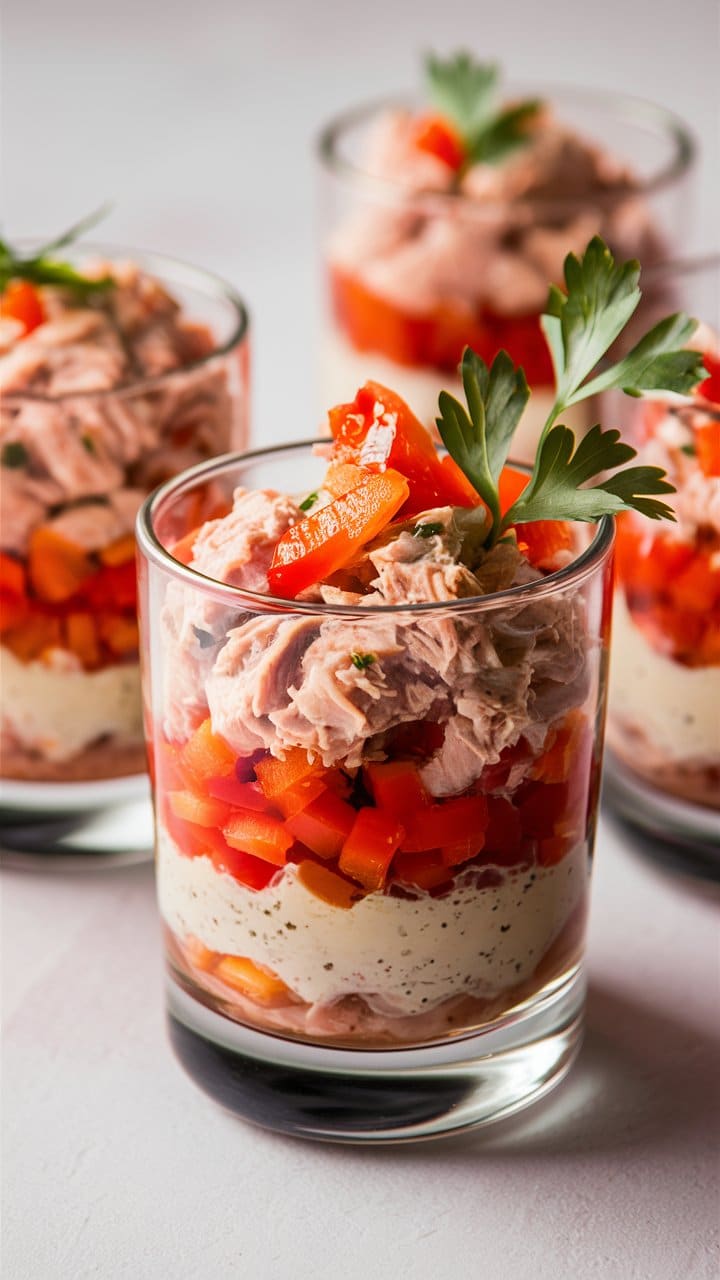 Verrines au thon, poivrons rouges et crème.