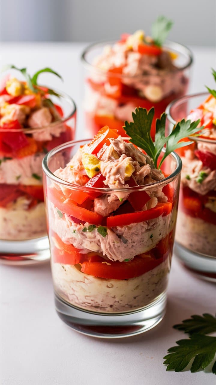 Verrines de thon avec poivrons et persil frais.