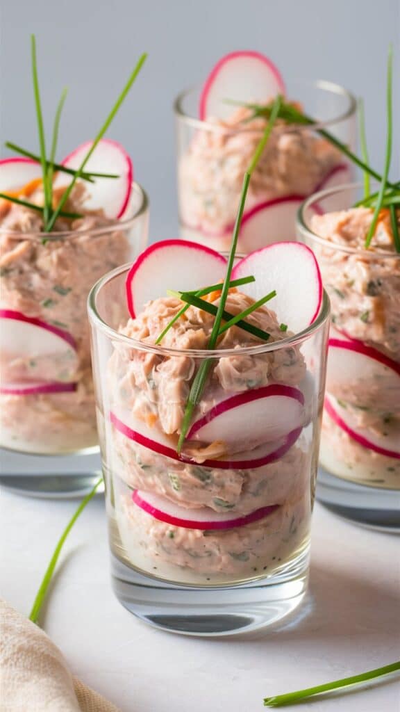 Verrines de saumon à la crème et radis.