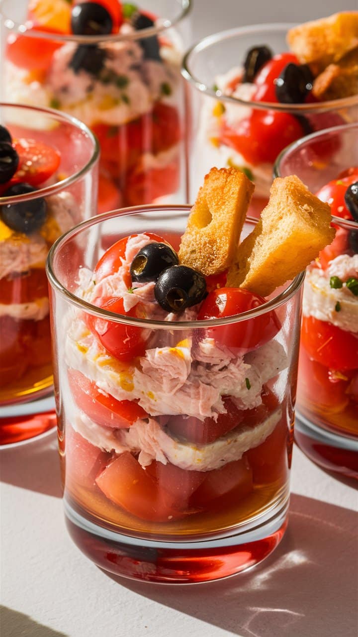 Verrines de salade tomate, thon, olive et croûtons.