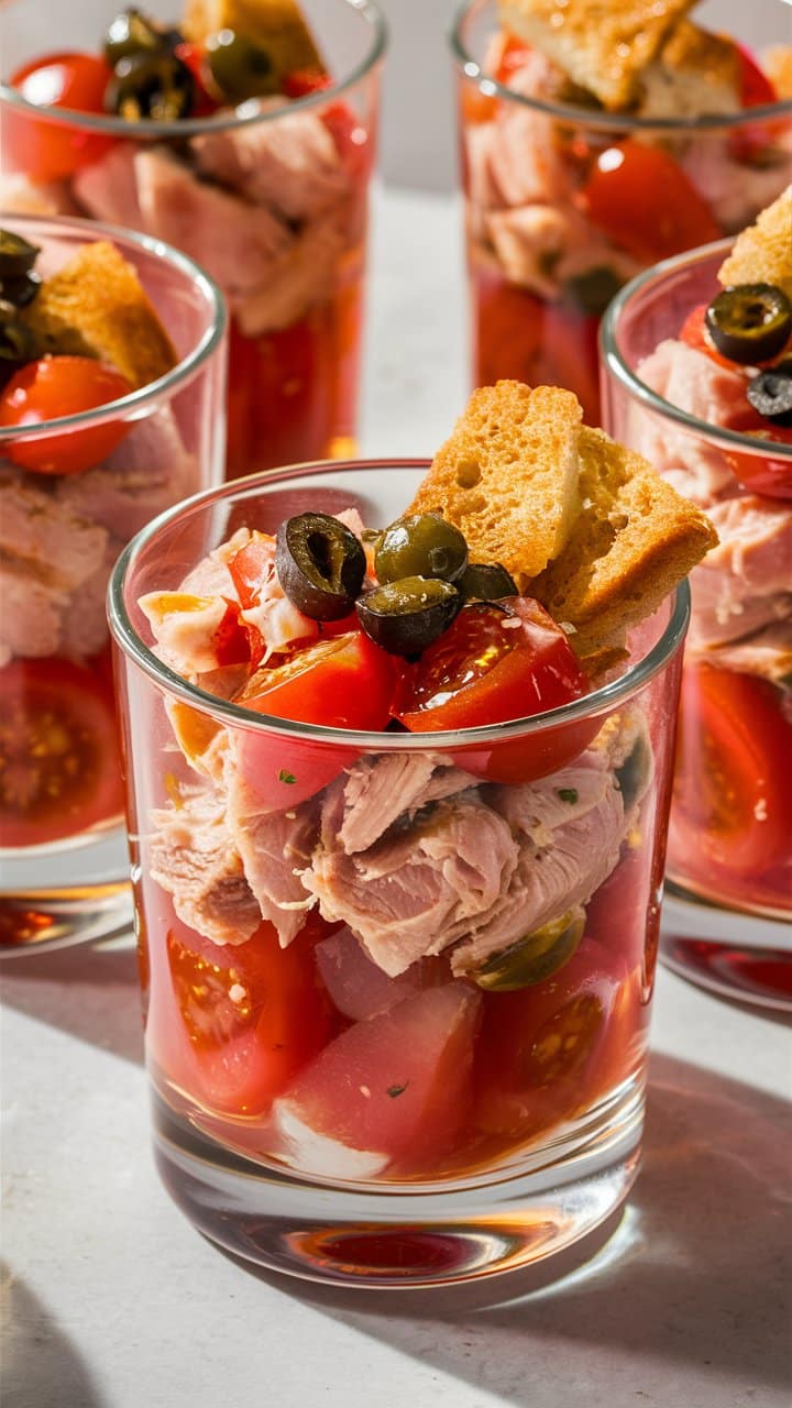 Verrines de thon, tomates, olives.
