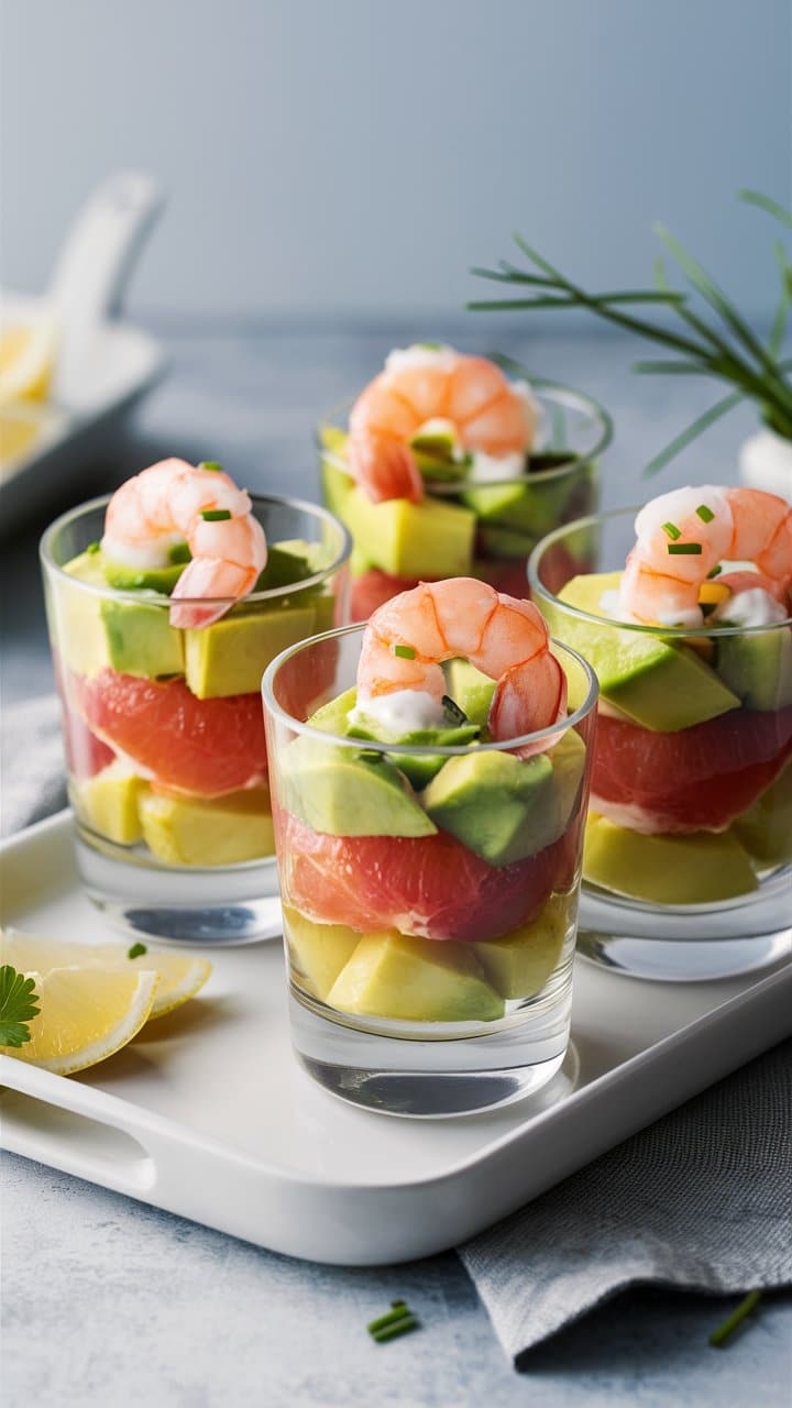Verrines crevettes, avocat, pamplemousse sur plateau.
