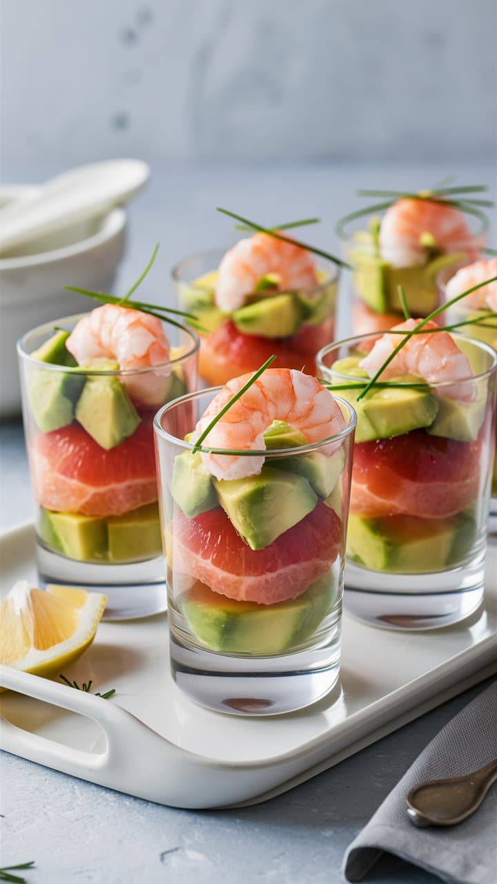 Verrines avec crevettes, avocat et pamplemousse.