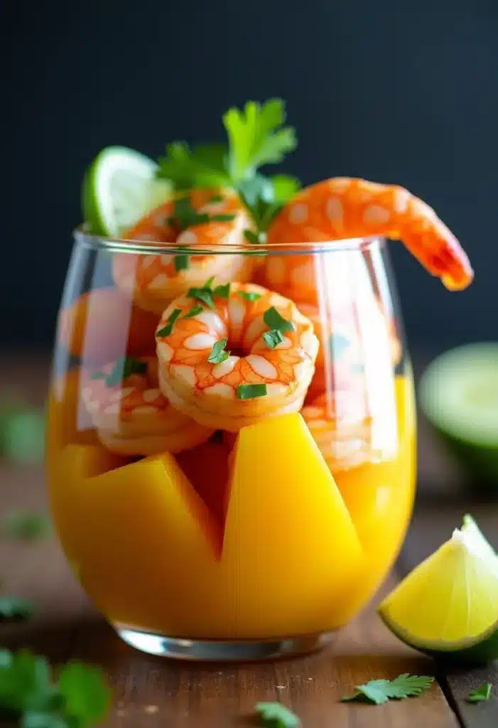 Cocktail de crevettes et mangue avec citron vert.
