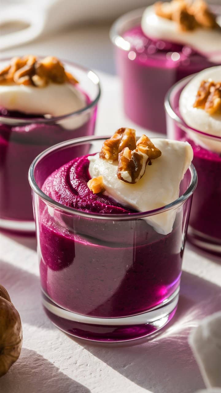Mousse betterave, fromage, noix en verrines.