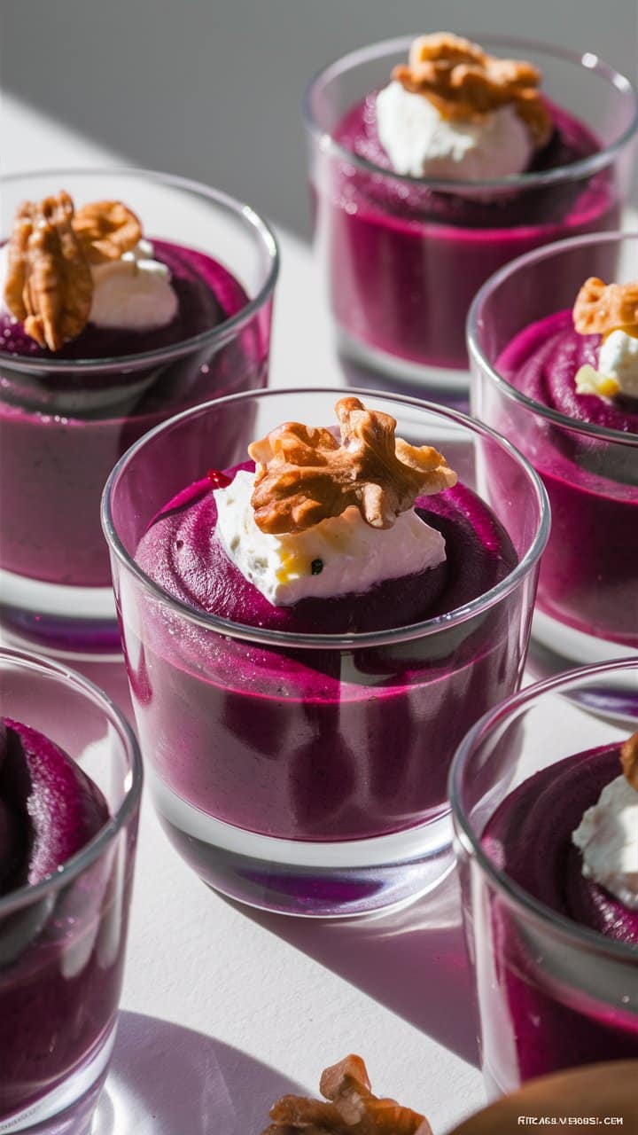 Verrines de mousse violette avec noix et crème