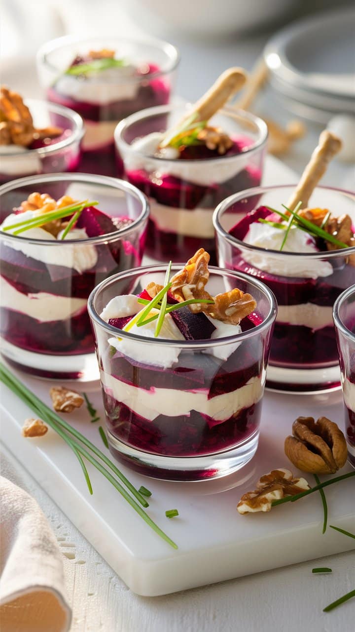 Verrines betterave chèvre noix et ciboulette apéritif.