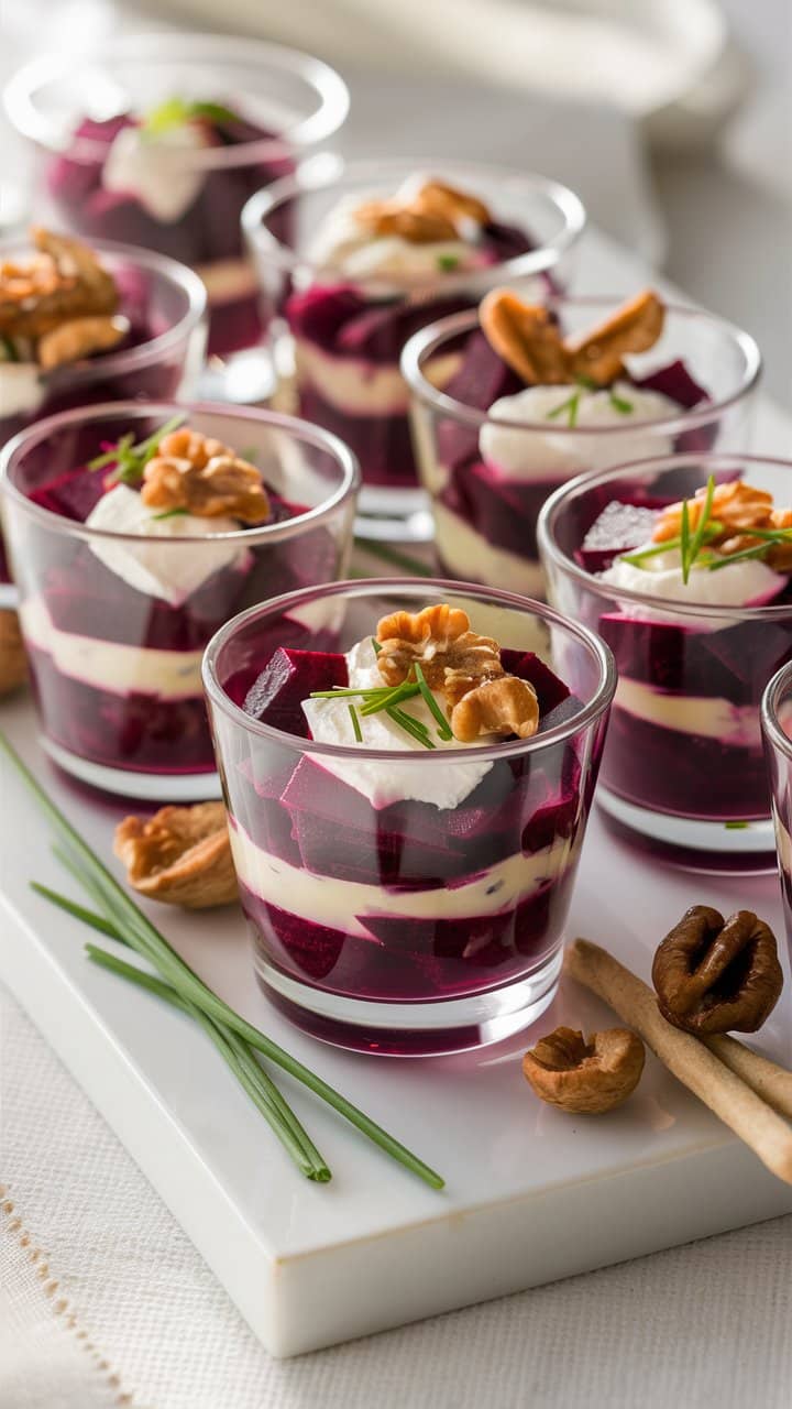 Verrines de betterave, fromage frais et noix