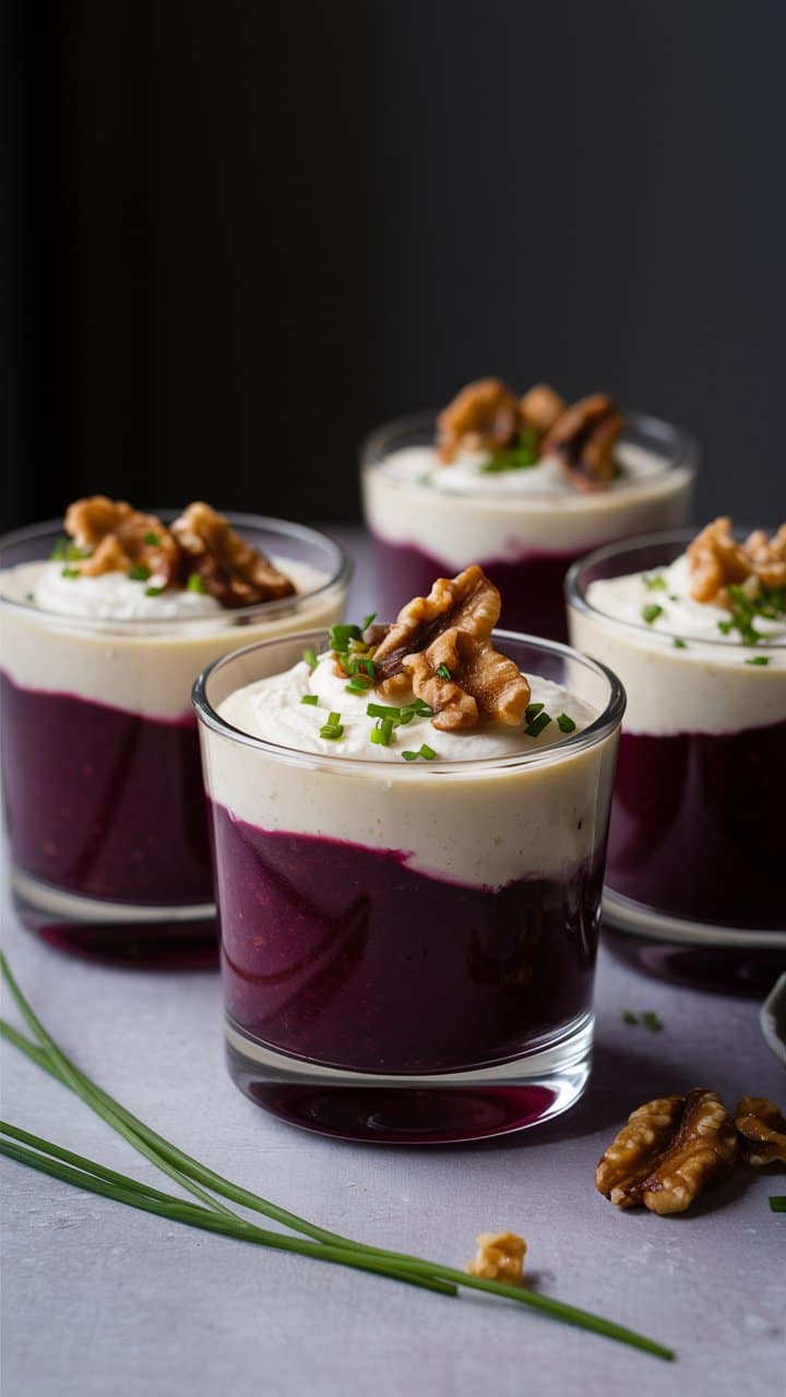 Verrines bicolores avec noix et ciboulette.