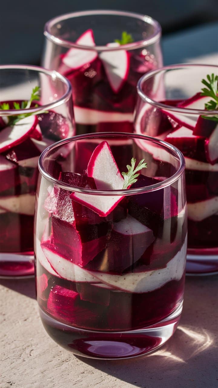 Verrines de betteraves et fromage frais, décor persil.