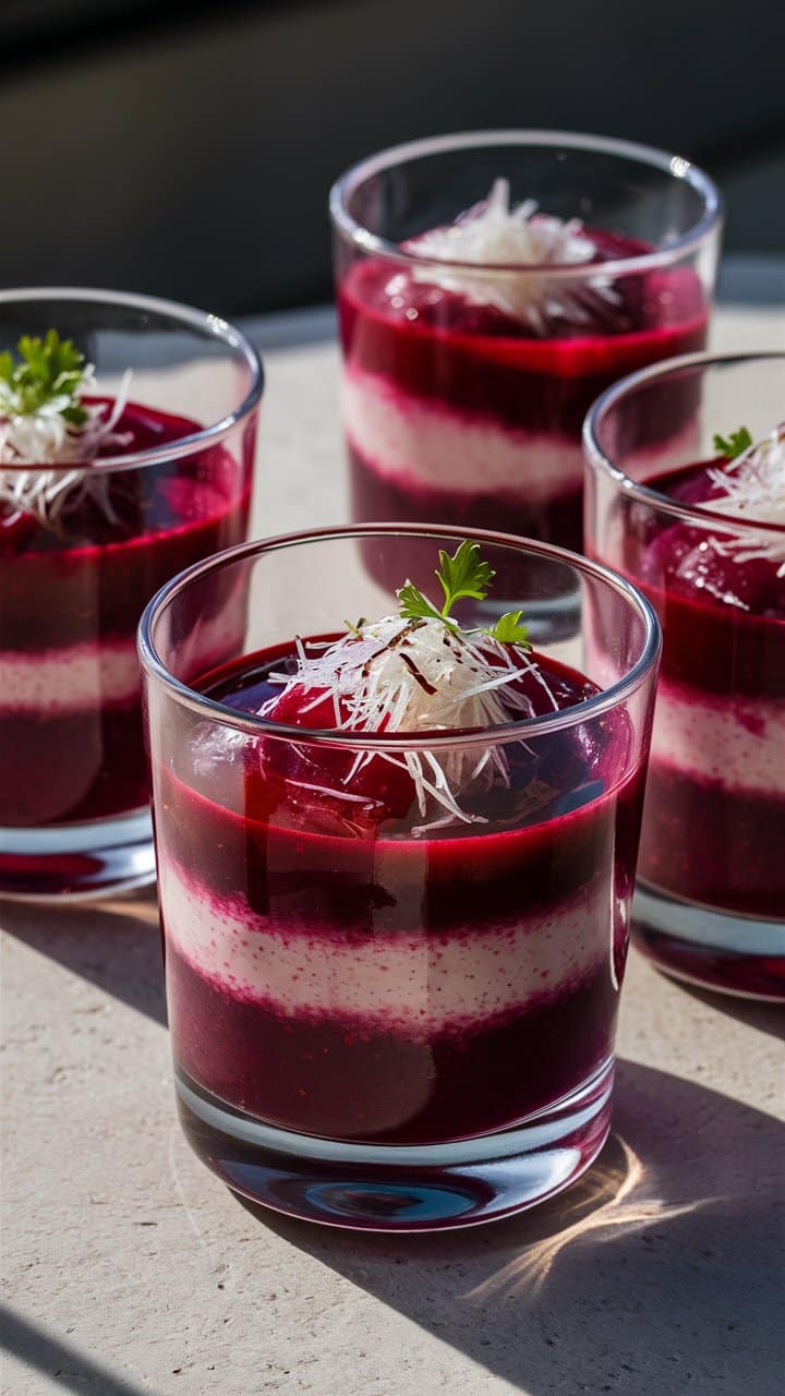 Verrines de betterave avec mousse blanche et persil.