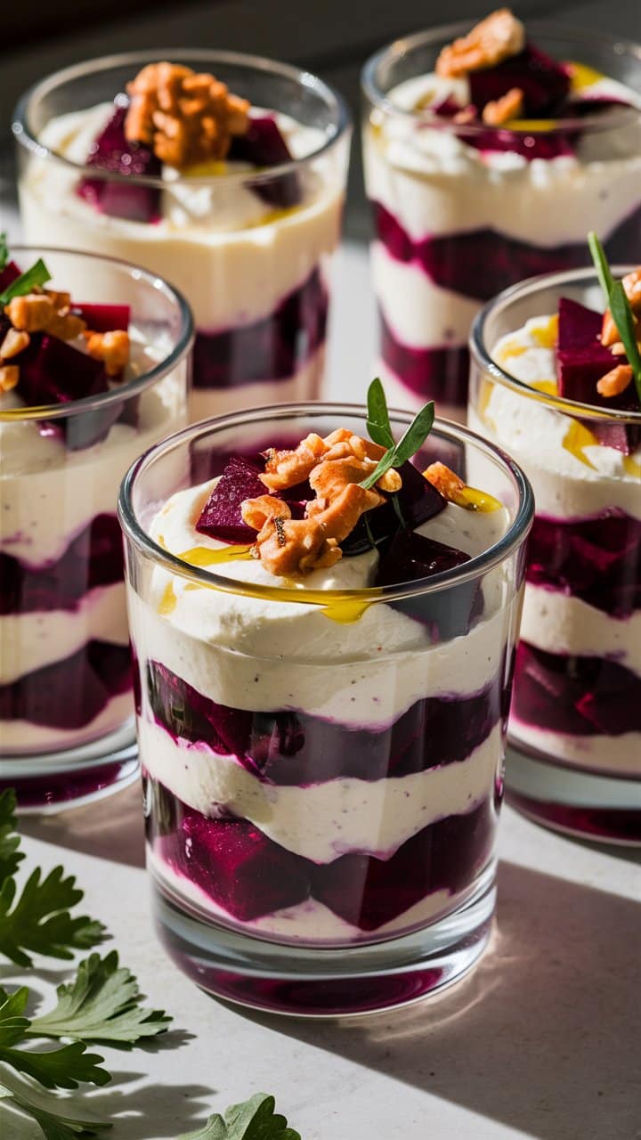 Verrines de betteraves et crème, noix dessus.