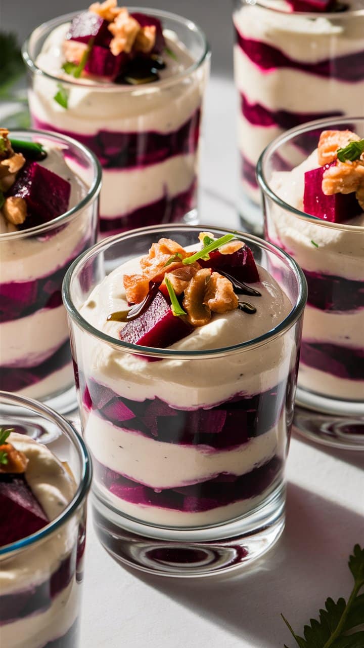 Verrines de betteraves et fromage frais, garnies de noix.