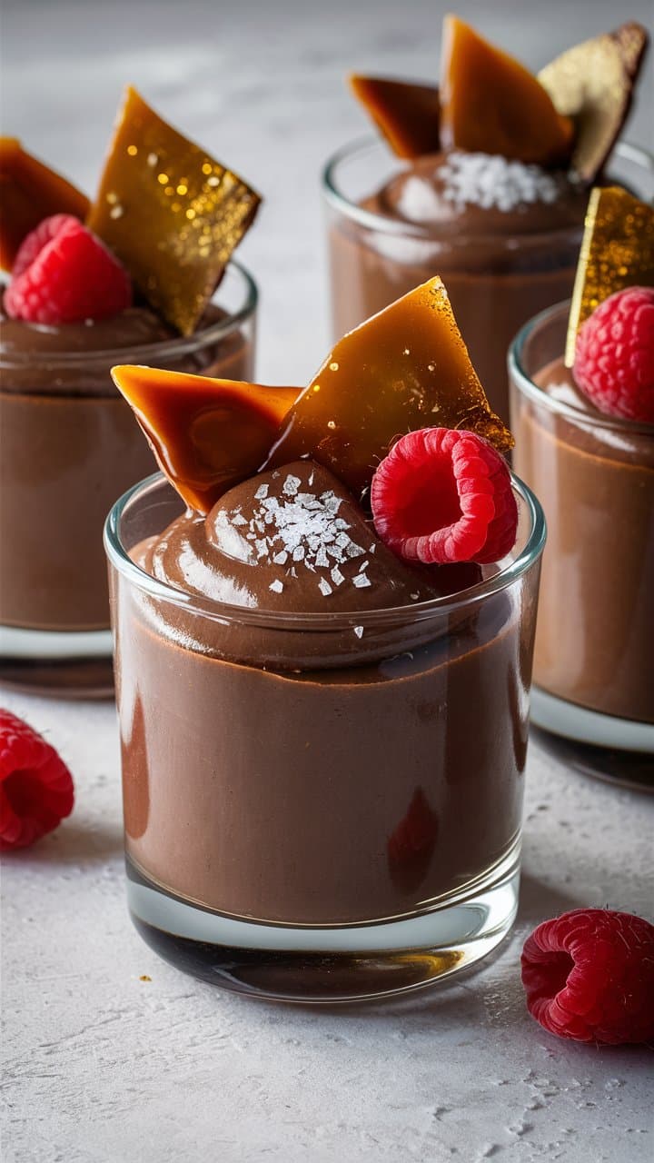 Mousse chocolat décorée de framboises et caramel.