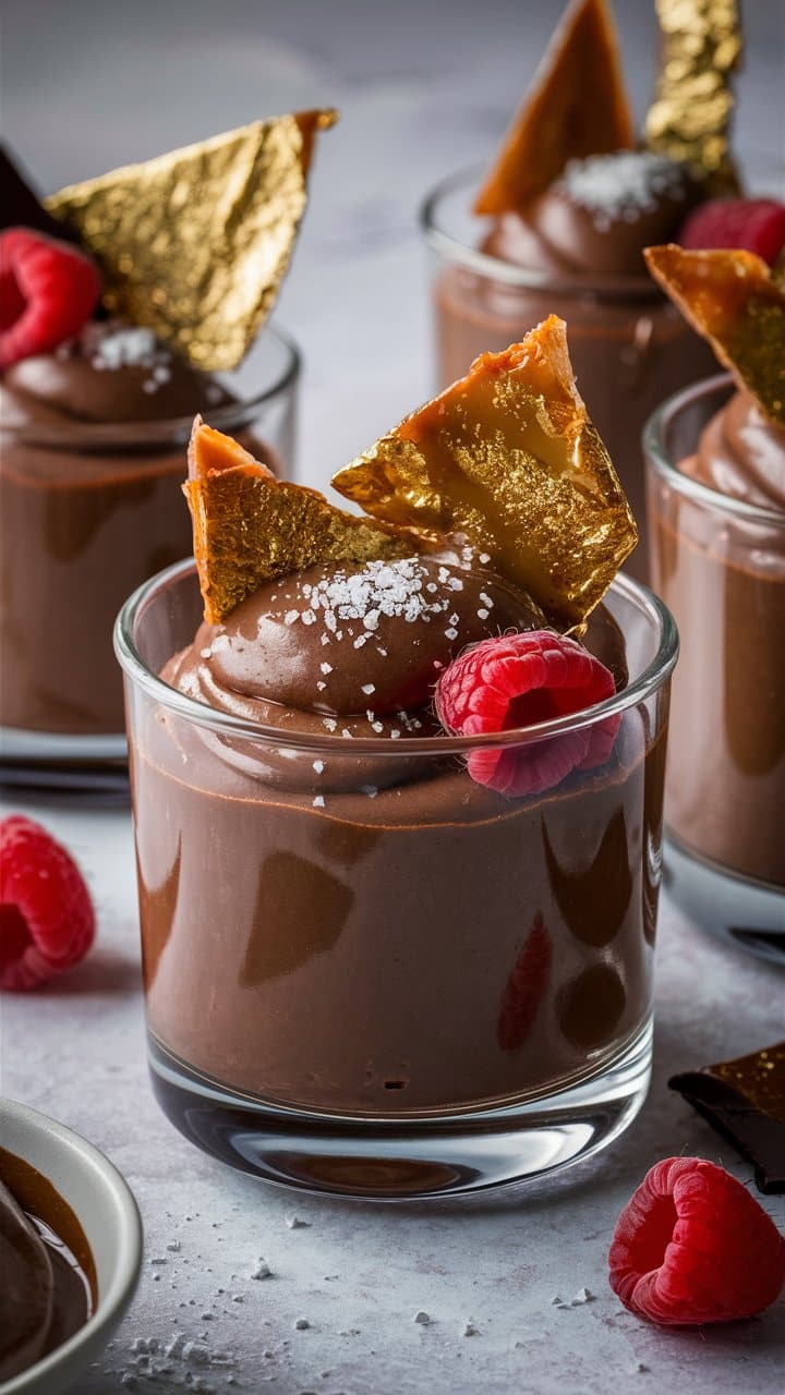 Mousse chocolat, framboises, éclats dorés
