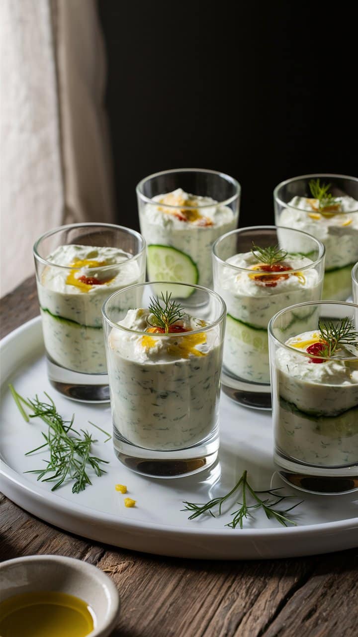 Verrines de mousse à l'aneth et concombre.