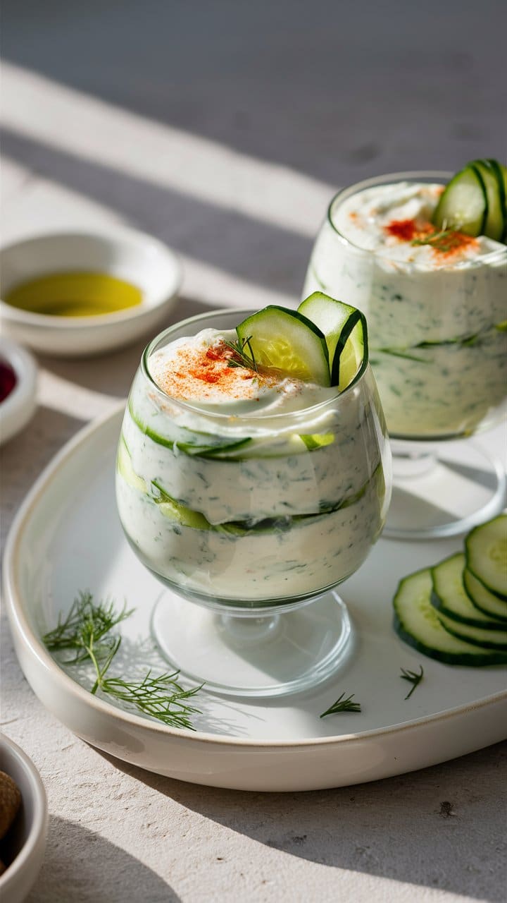 Verrines tzatziki avec concombre et aneth.