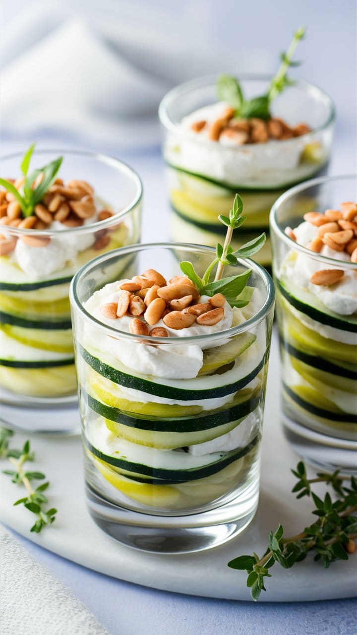 Verrines de légumes, fromage et noix.