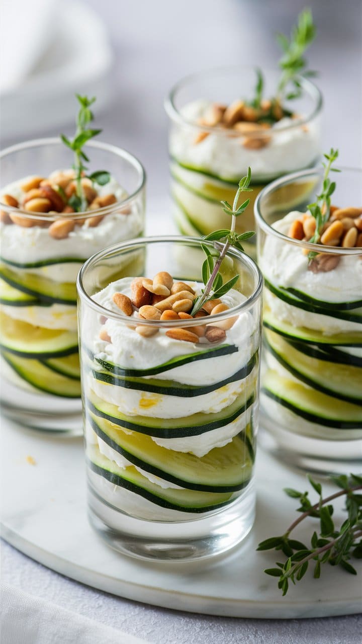 Verrines de courgettes, fromage frais et pignons.